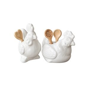 Casal de galinhas porta-utensílios em cerâmica branca